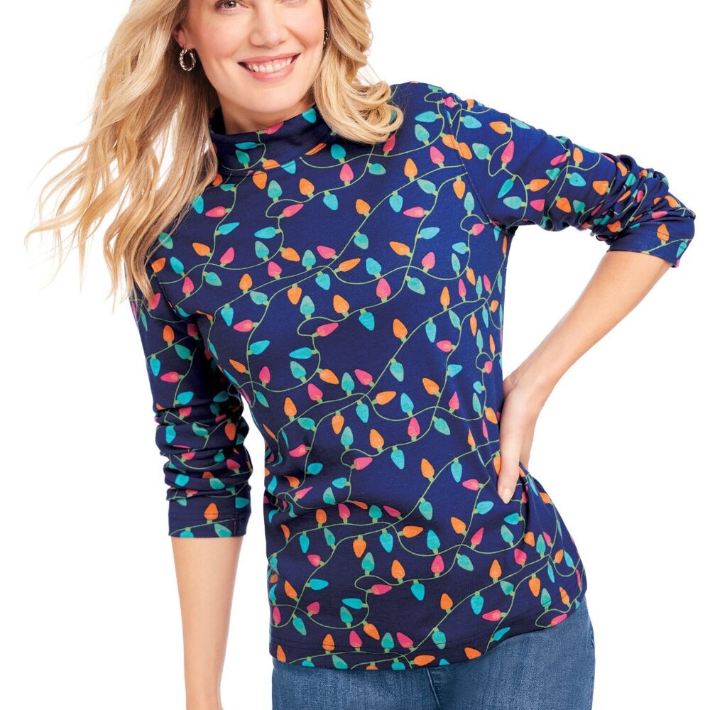 NEW Choose Sz Multicolored HOLIDAY CHRISTMAS LIGHTS Cotton Blend Mock Neck Shirt